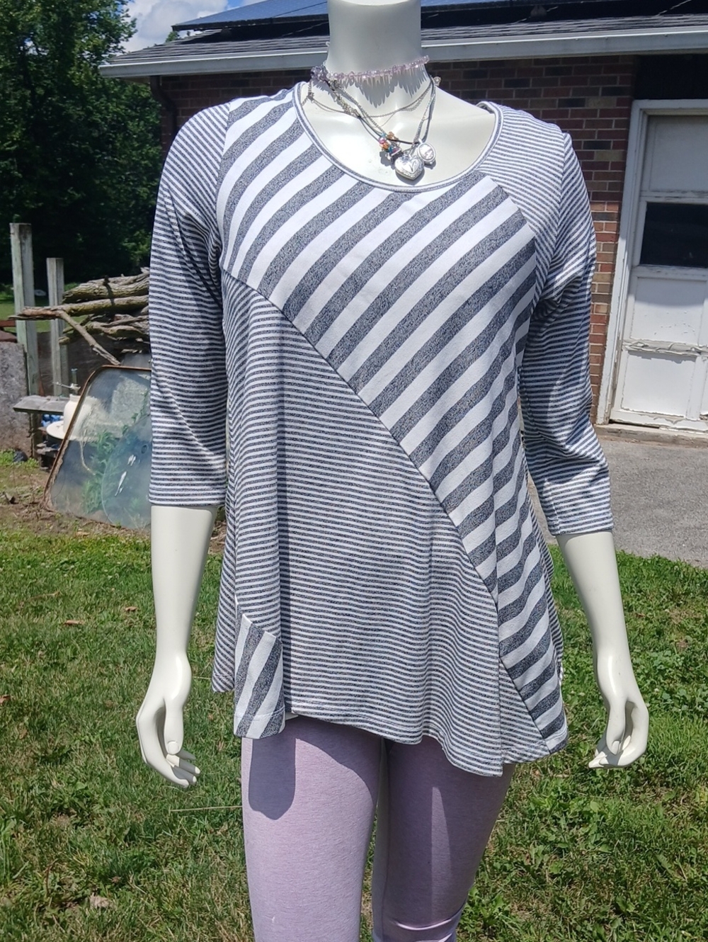 Patchington Women’s Striped Asymmetrical Swing Top - Gray & White